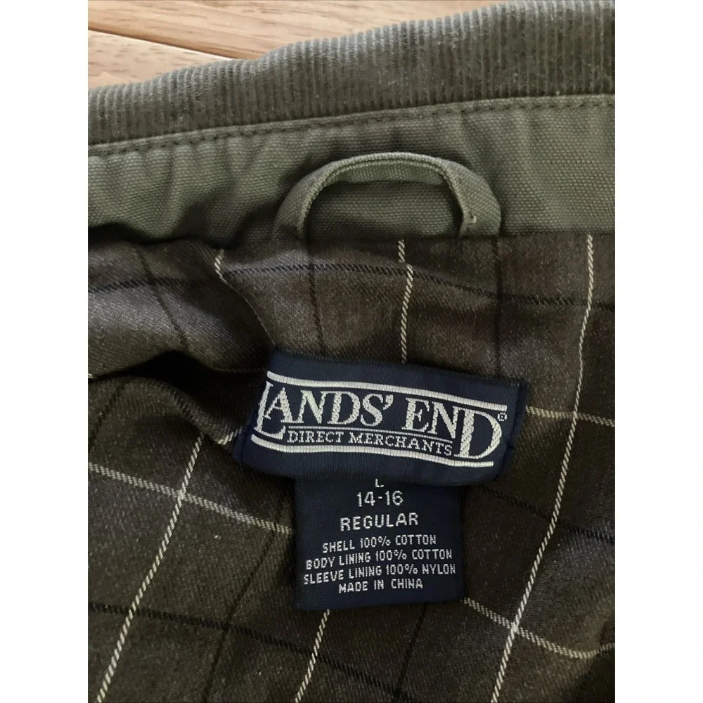 Lands' End Barn Coat Mens Large Green Canvas Field Jacket Corduroy Plaid Lined